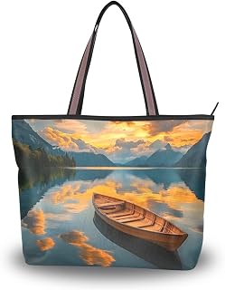 Lightweight Tote Bag Landscape Boat Sunset Lake for Women Durable Designer Handbag with Zipper for Daily Use L