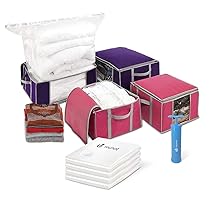 VOUNOT® 4 Pezzi Scatole per Vestiti e 4 Pezzi Sacchetti Sottovuoto Salvaspazio Riutilizzabili con Pompa, per Lenzuola, Piumoni, Cuscini, Coperte