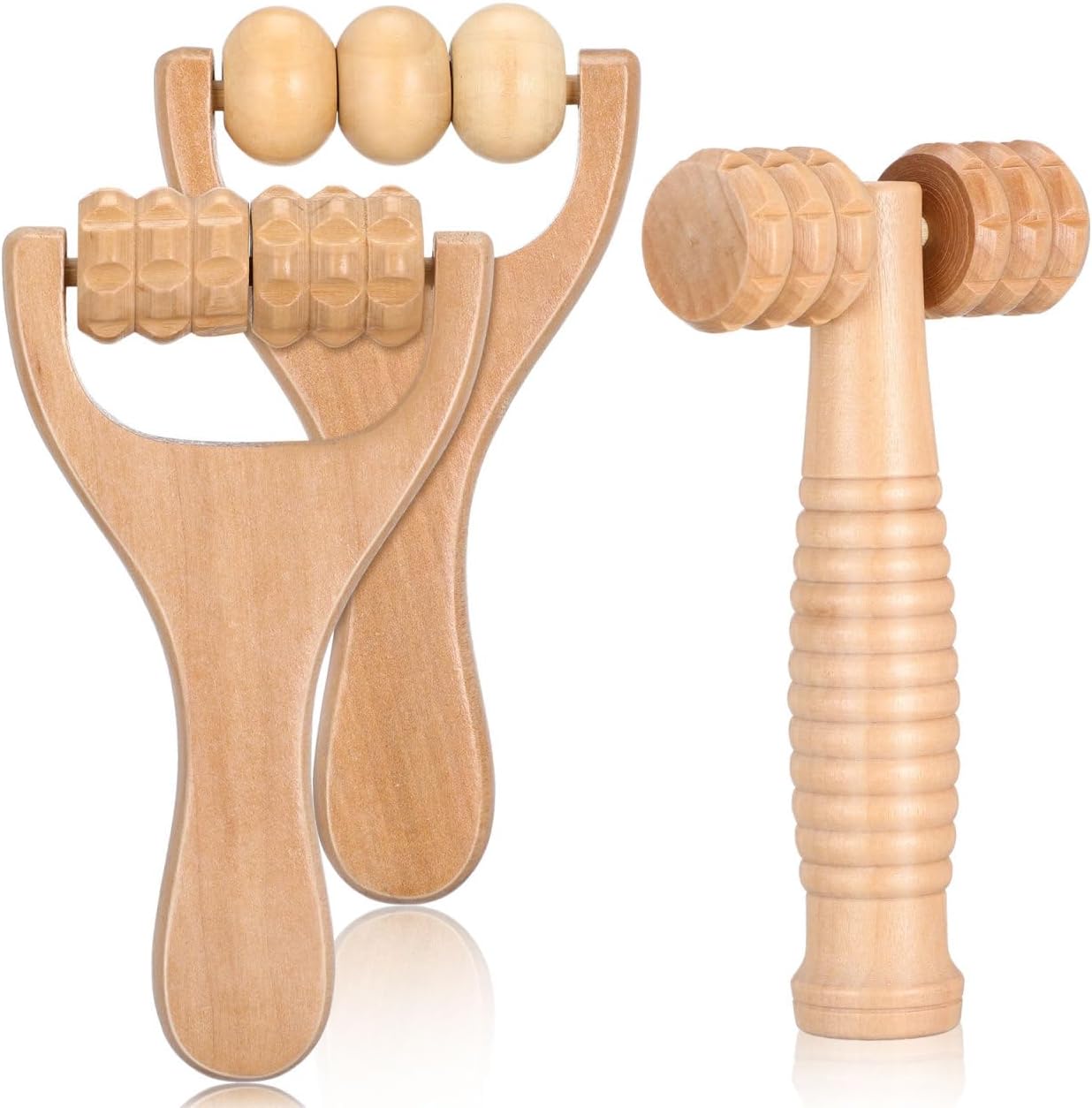 Wooden Massage Roller Tool 3-Pack Handheld Body and Foot Massager for Neck Shoulder Muscle Relaxation and Reflexology Therapy 5.90X3.14X1.18 Inches