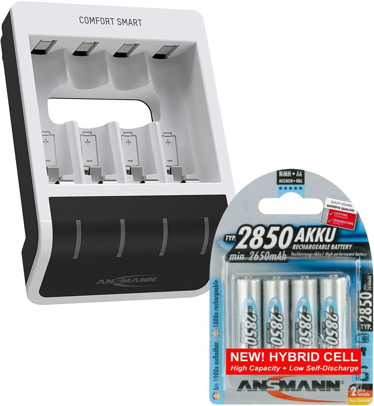 ANSMANN Battery Charger for 1-4 AA/AAA Batteries with Perfect 7 Charging Technology & Repair Mode - Comfort Smart + 4 pcs of Ansmann AA 2850 mah Hybrid Rechargeable Batteries