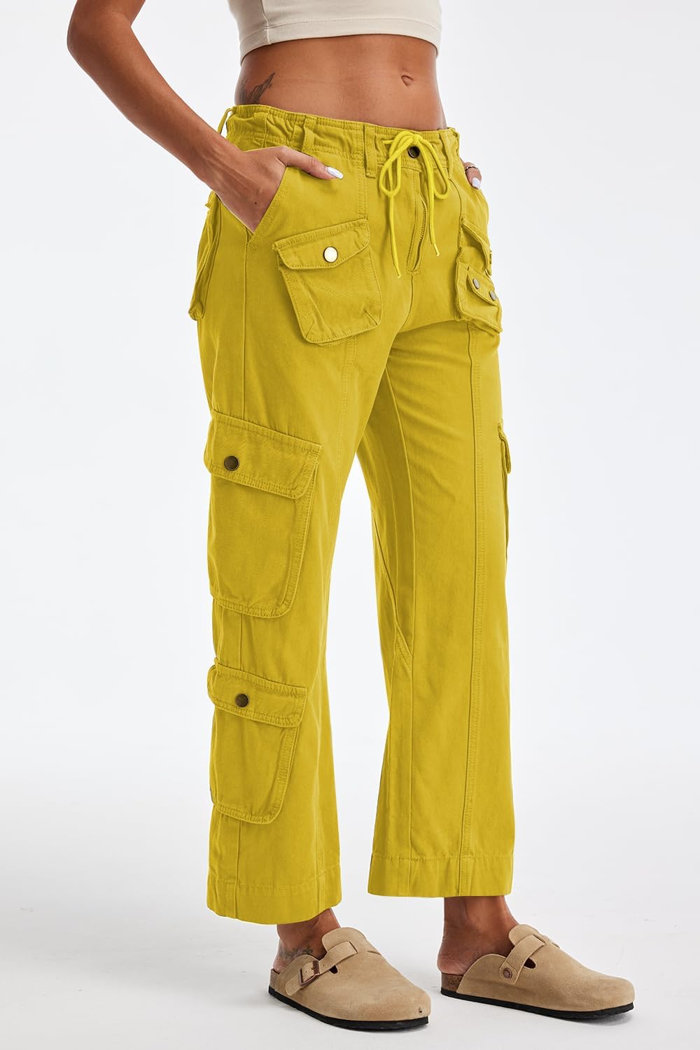 Cargo Pants for Women Low Rise Drawstring Waist 7 Pockets Hiking Work Wide Leg Pants with Zipper Button Closure - Image 3