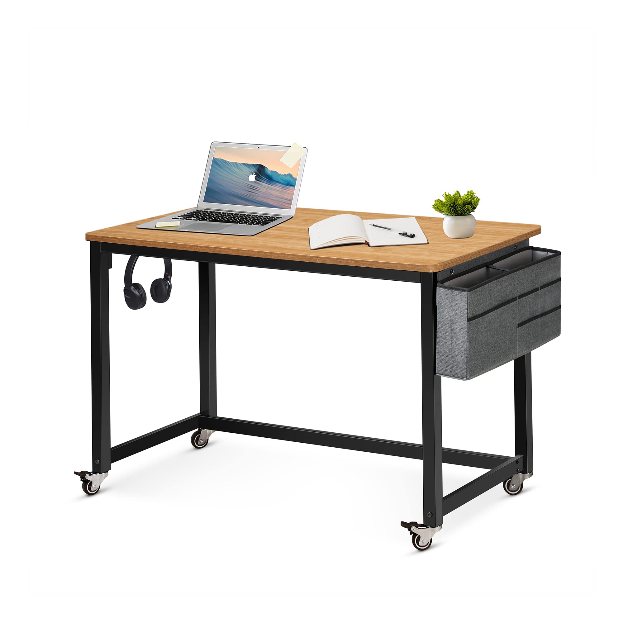 AHB 39" Rolling Computer Desk with 4 Smooth Wheels, Simple Style Mobile Writing Desk Home Office Study Table Movable Workstation with Metal Frame
