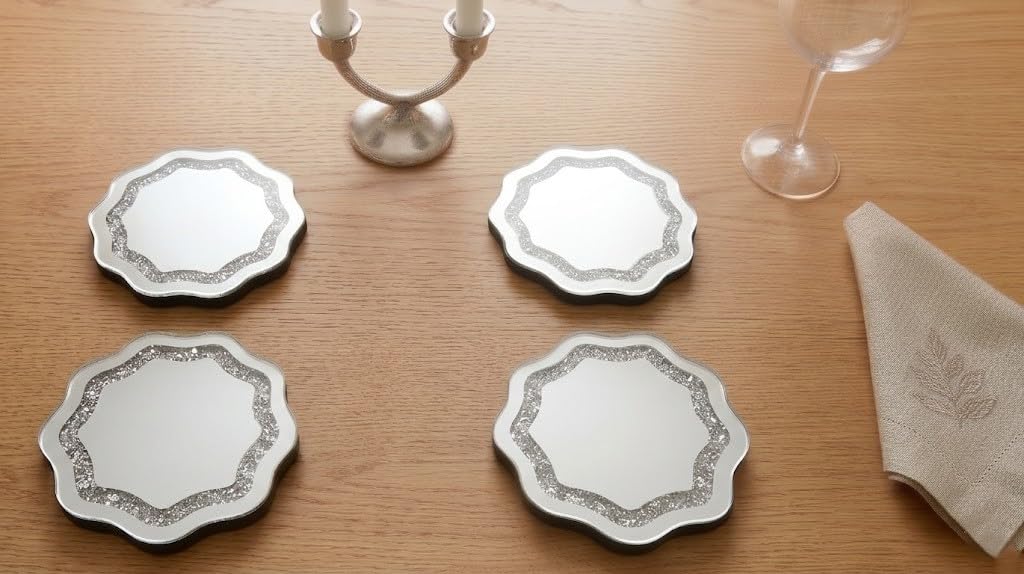 DEENZ Set Of Silver Glass Crushed Crystal Jewel Loose Diamond Wavy Shape 4x Coasters and 2x Placemats Kitchen Dining Table Centrepiece 25Cm (4x Coasters)