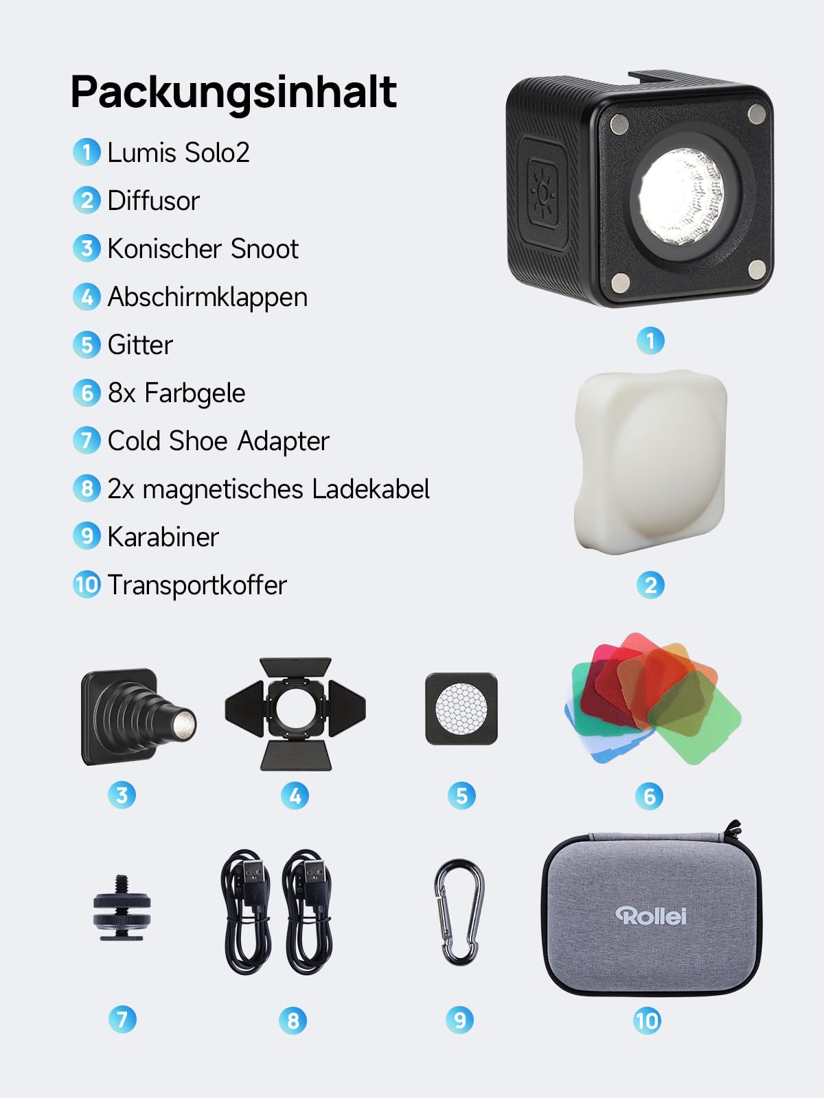 Rollei Lumis Solo 2 Led Würfel Kamera, Kleiner Videoleuchte inkl. Farbfilter für den Einsatz unterwegs, Mini Cube Makro Licht Fotografie 70g 5500K mit Akku, Led-Videoleuchte-Video-Licht-Würfel