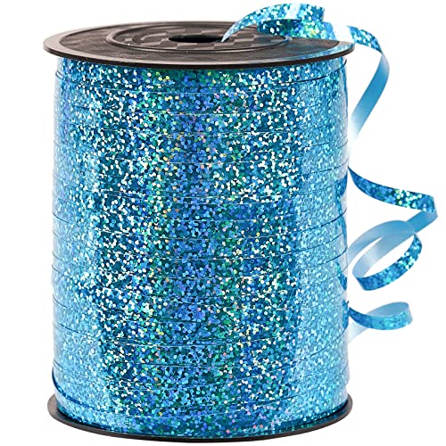 Image of PartyWoo Light Blue Iridescent Crimped Ribbon - 500 Yard, Perfect for Crafts, Gift Wrapping, Balloons, Hair & Floral Arrangements (1 Roll)
