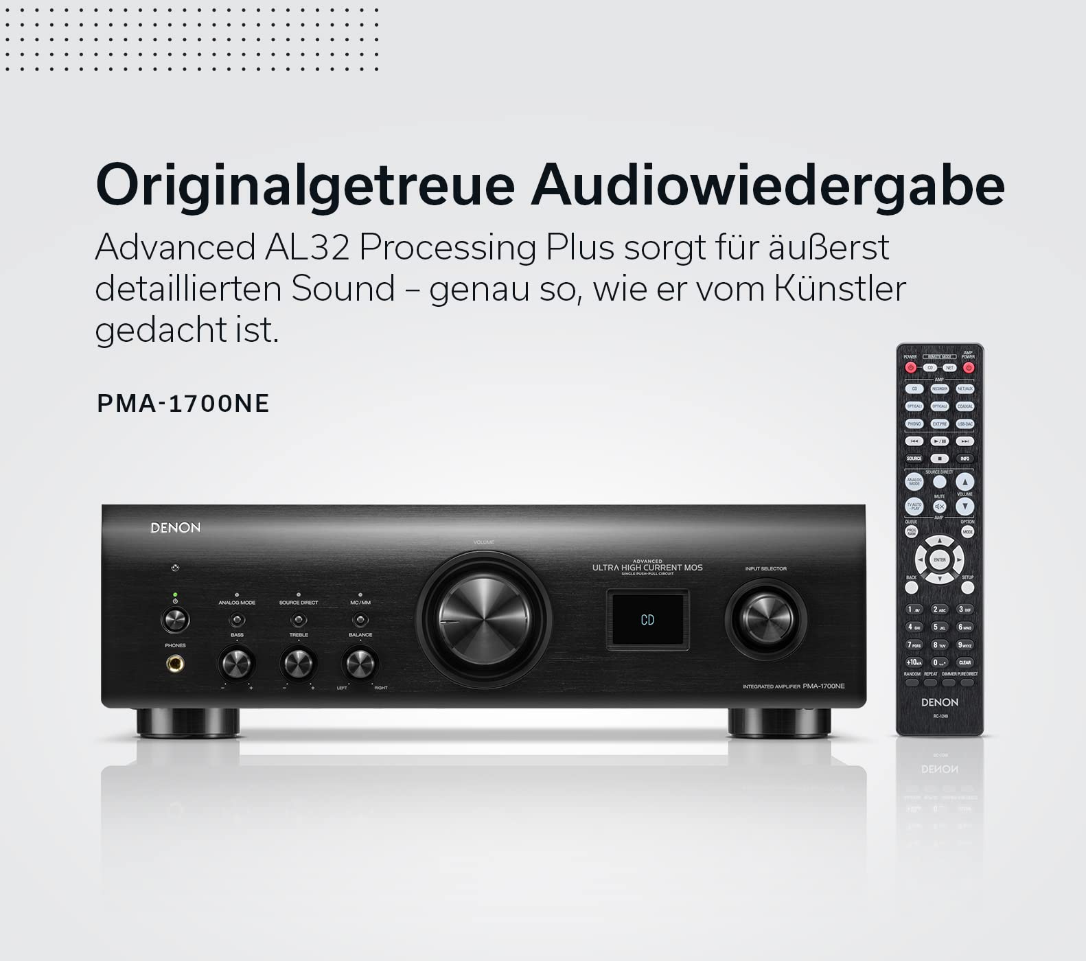 Denon PMA-1700NE HiFi Verstärker, 2x140W, eingebauter Phono-Vorverstärker, Hi-Res Zertifiziert, Advanced Ultra-High Current Single-Push-Pull-Schaltung, Advanced AL32 Processing Plus, Schwarz
