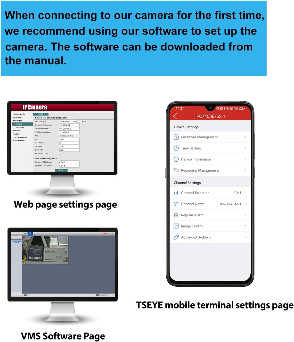 Diagram illustrating the physical connection setup for the REVODATA TSEYE IPIR-POE camera. Shows the camera connected via network cable to a PoE NVR, which is connected to a monitor and a router. A DC 12V/2A power adapter is also shown as an alternative power source.