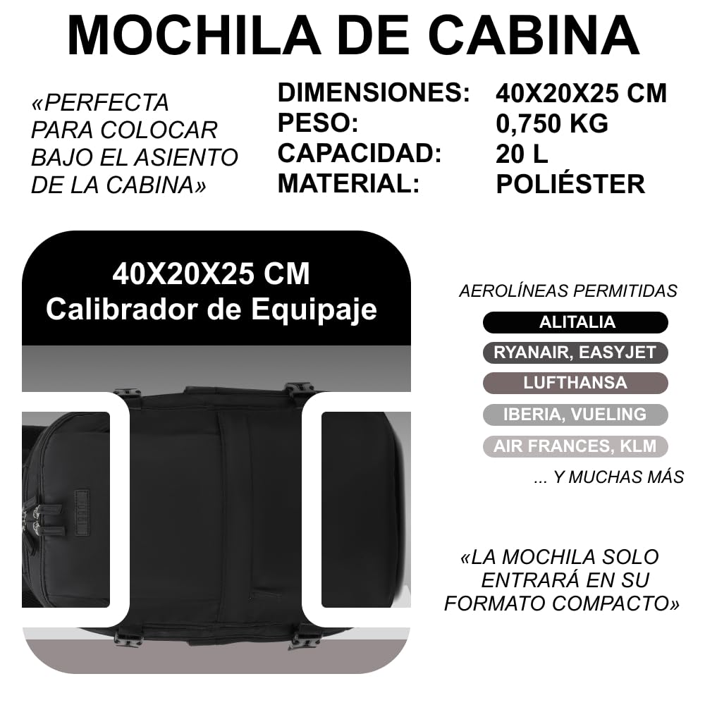 1990s Mochila de viaje cabina expandible para Ryanair 40x25x20-25cm,con bolsa de zapatillas,mochila casual impermeable extensible compatible con portátil 15" - 3