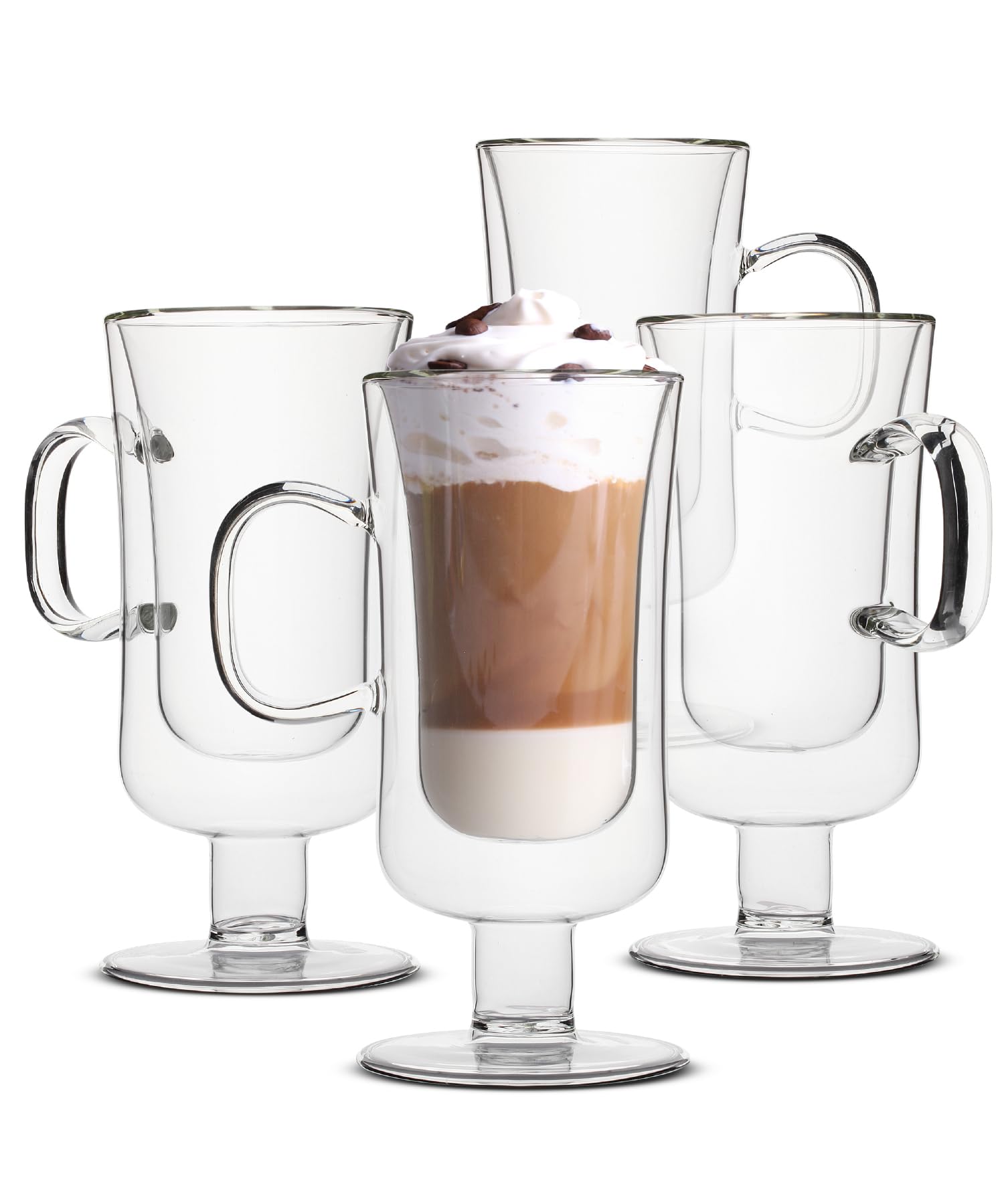 Amazon.com: BTaT- Double Walled Glass Irish Coffee Mugs, 10 oz, Set of 4, Glass  Coffee Cups with Handle, Insulated Clear Irish Coffee Mug for Hot and Cold  Beverages, Cappuccino, Latte, Americano, Microwave