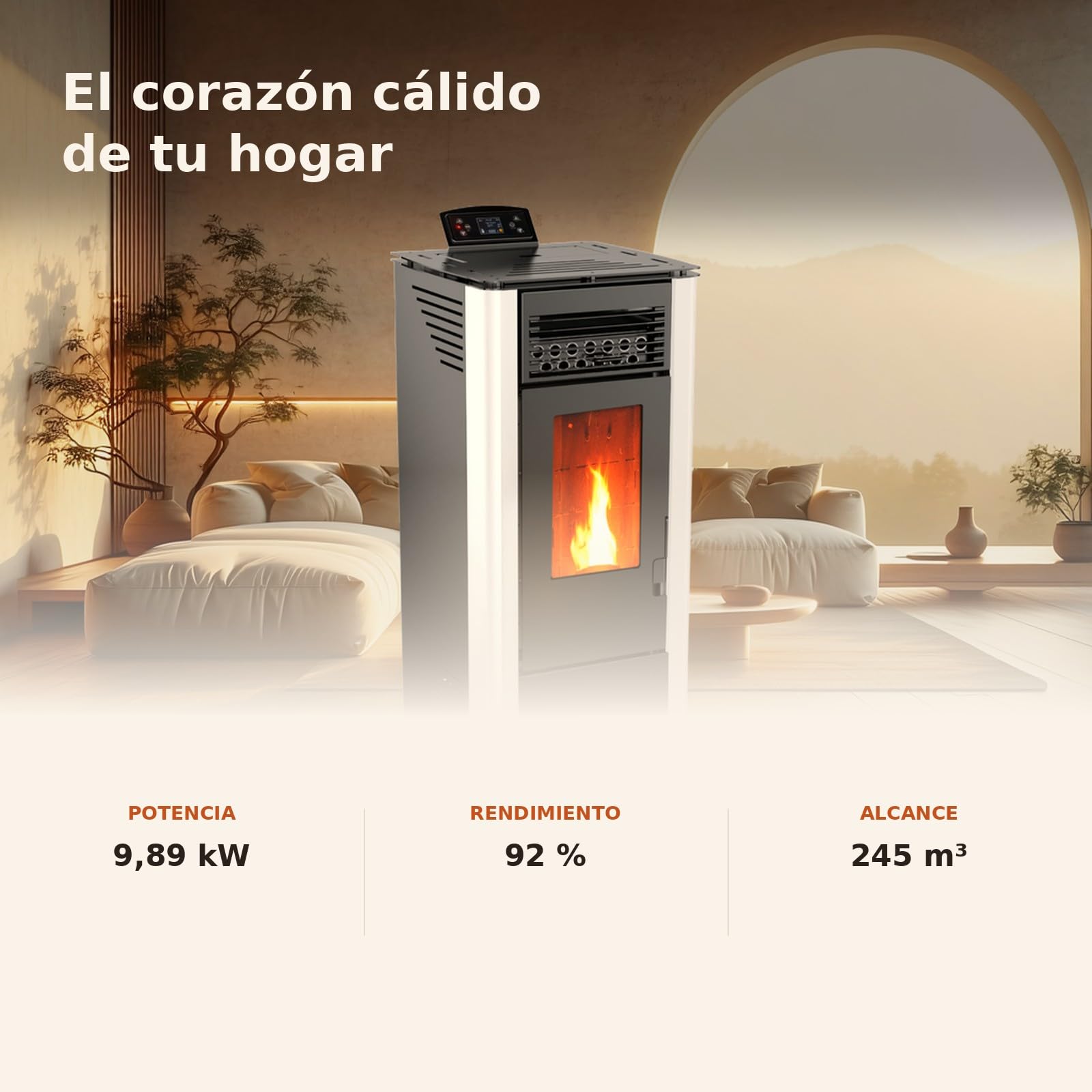 EIDER BIOMASA Estufa de Pellets KING 10 – 9,89 kW – Rendimiento 92% – Hasta 245 m³ – Tolva 15 kg – Programable WiFi – Encendido Rápido – Clase A+
