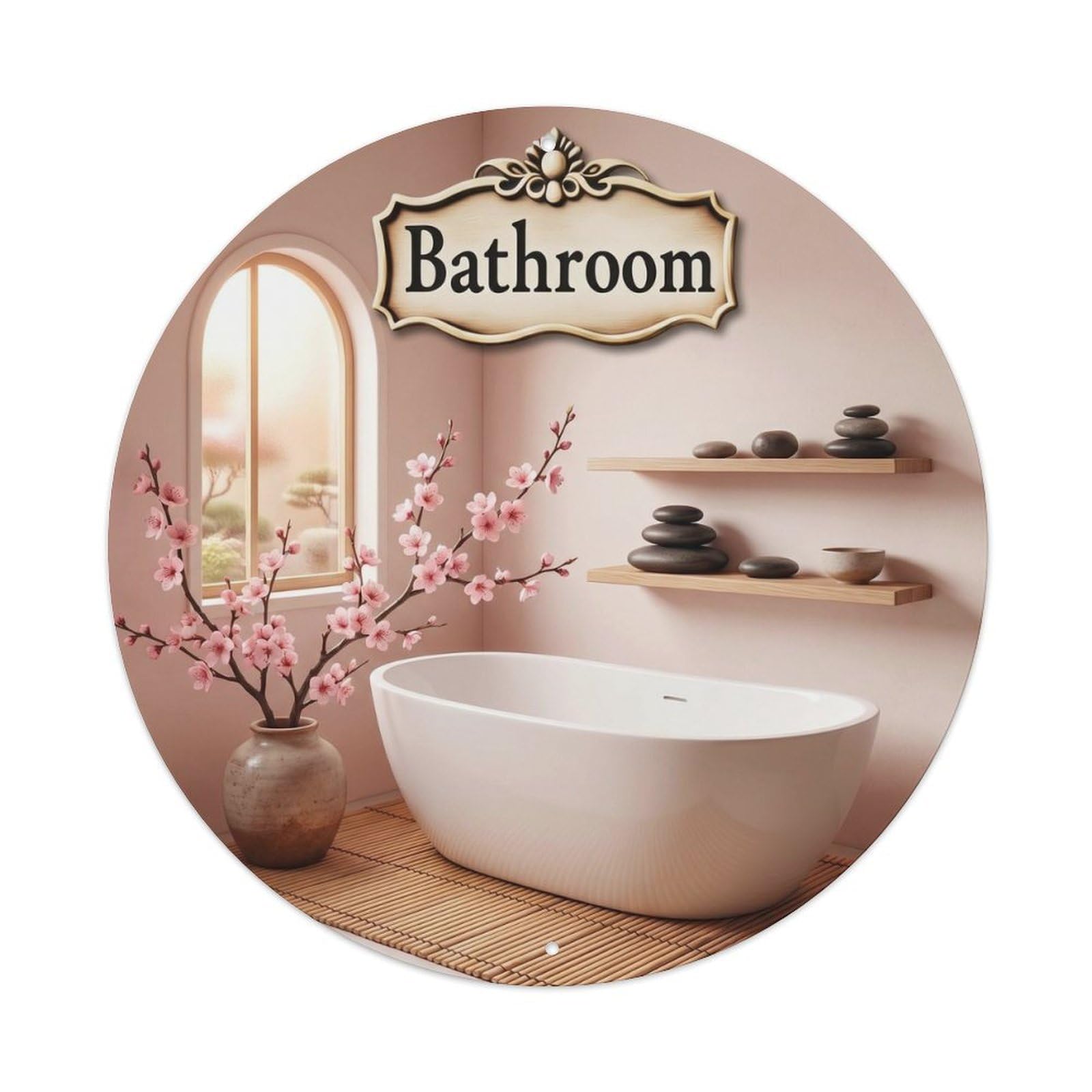 Yrnq Vintage Style Bathroom Cherry Blossom Wall Decor Vintage Metal Tin Sign Plaque Wall Decor For Cafe, Club, Garden Round Metal Poster 8X8inch