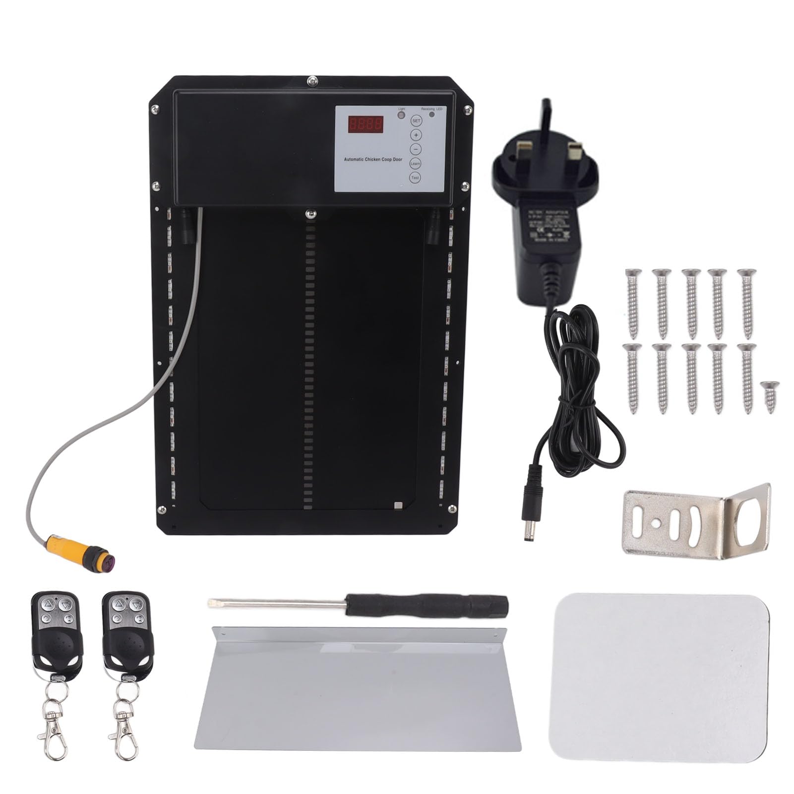 Porta automatica per pollaio 3 in 1, porta per pollaio con sensore di luce IP44 con temporizzazione, telecomando, display a LED Porte automatiche per pollai per polli, anatre, oche (Regno Unito)