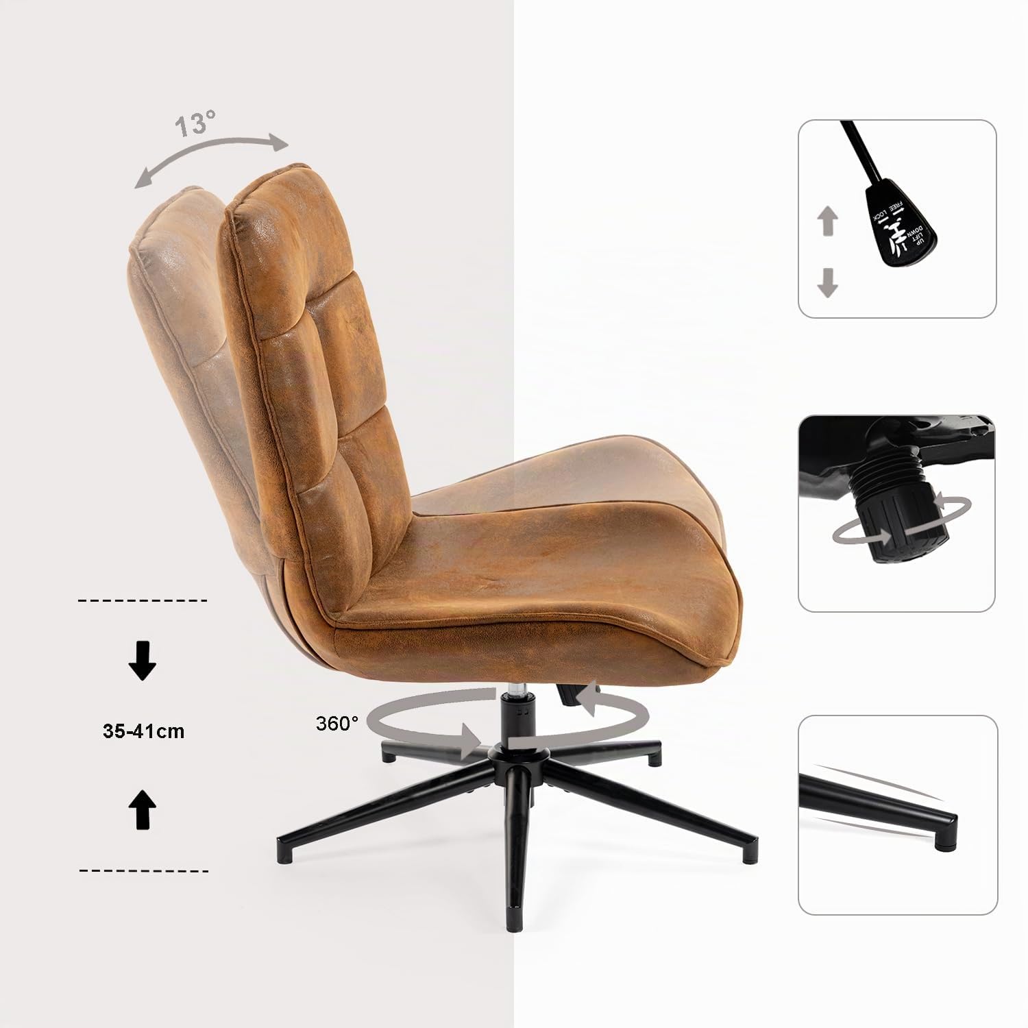 MEUBLE Cosy Sillón Giratoria Butaca de Salón Función de Inclinación para Dormitorio Silla con Asiento Grueso Respaldo sin Reposabrazos en Gamuza