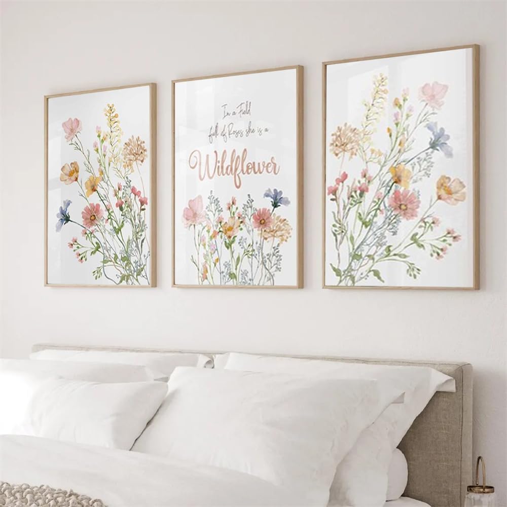 3 Pieces Meadow Flowers Poster In A Field Of Roses She Is A Wildflower Prints Wall Art Canvas Painting Framed Artwork for Living Room Nursery Decoration with Inner Frame