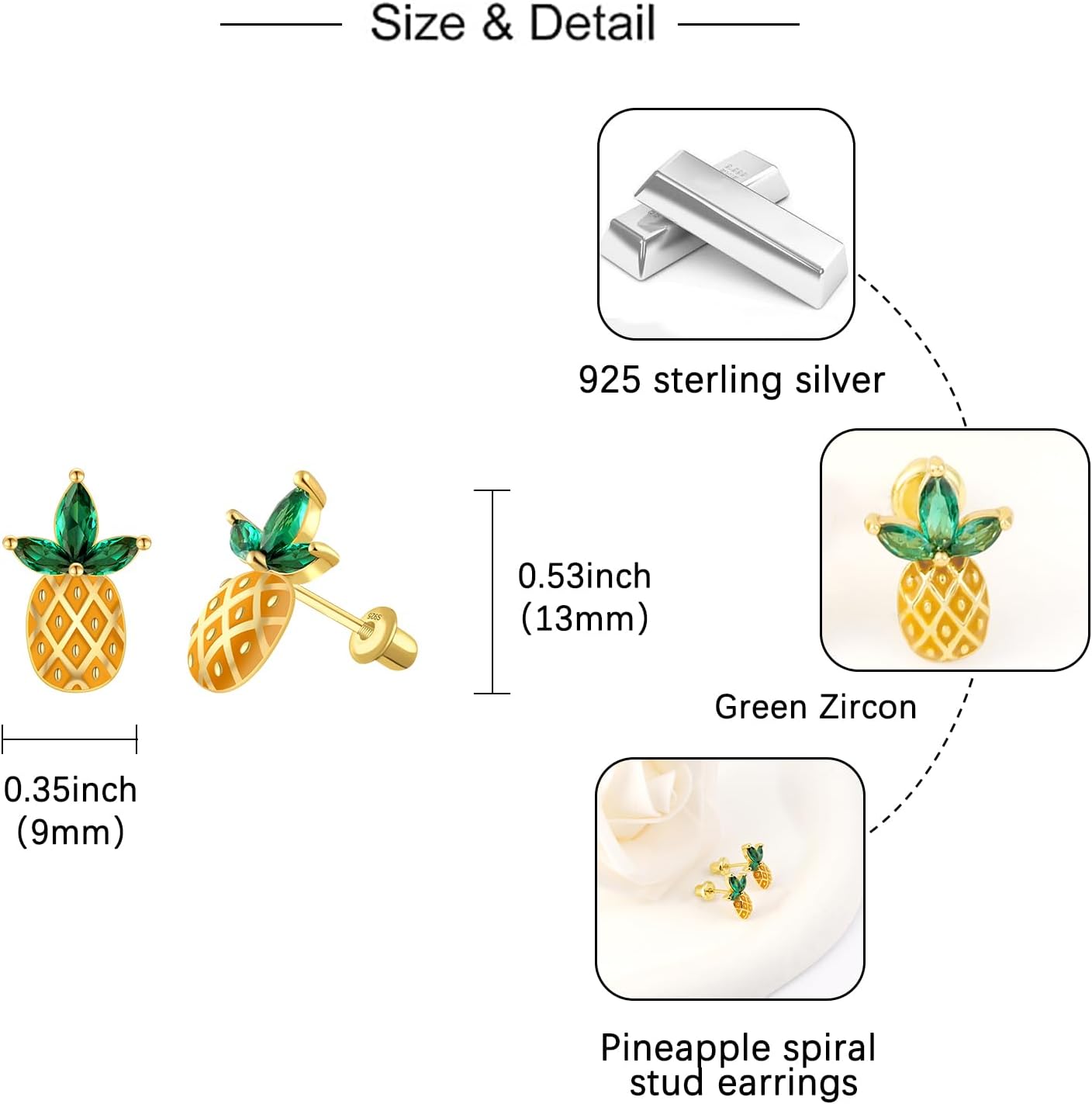 Pineapple Screwback Earrings for Women - Silver Hypoallergenic Cute Pineapple Stud Earrings Fruit Hawaiian Jewelry Little Hypoallergenic Gift for Teen Cubic Zirconia - Image 6