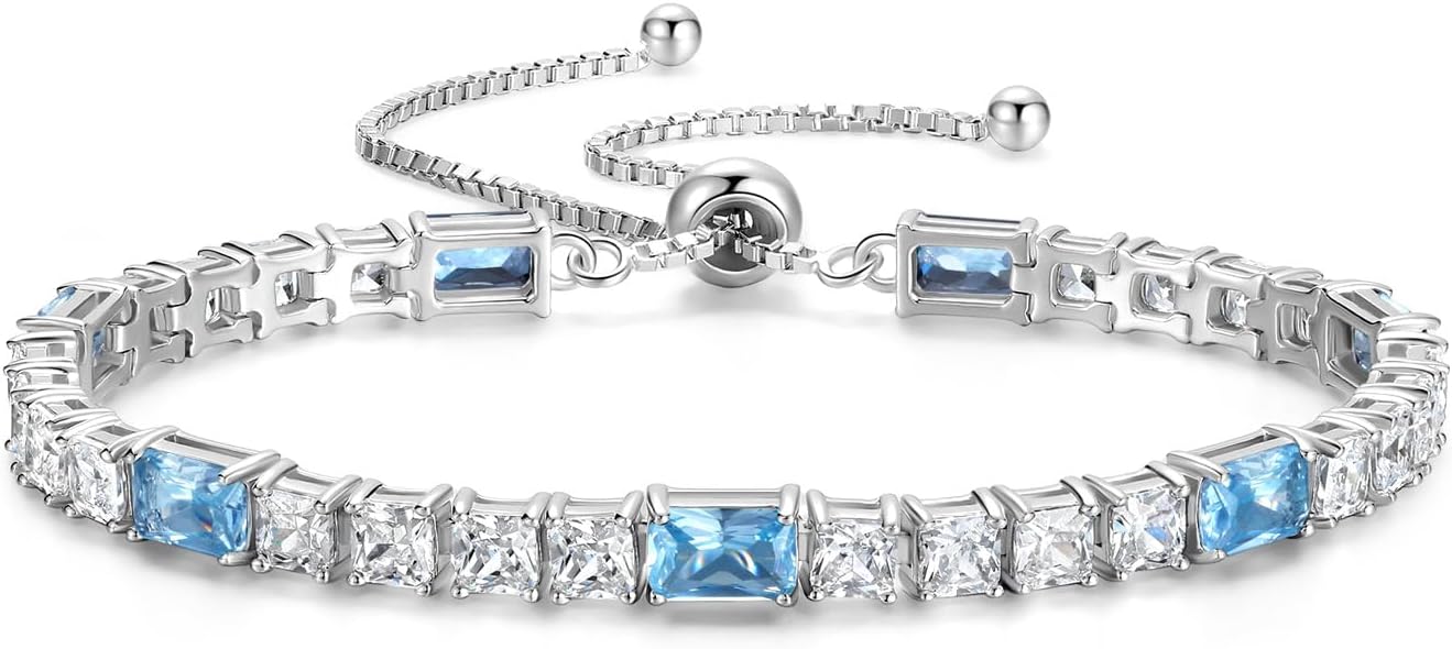 FANCIME Birthstone Bracelet for Women, Sterling Silver 4x6mm Gemstone Tennis Bracelet Bolo Adjustable Chain Fine Jewelry Birthday Gifts for Women Mom Wife Her