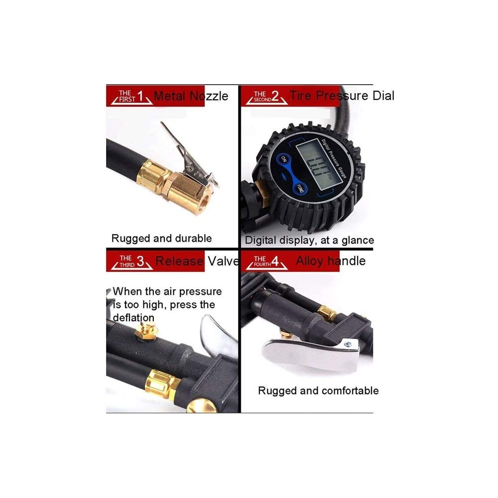 Inflador de neumáticos Digital con manómetro, Mandril de Aire de 200 PSI y Accesorios de compresor Manómetro Digital electrónico de Alta Resistencia Presión de neumáticos