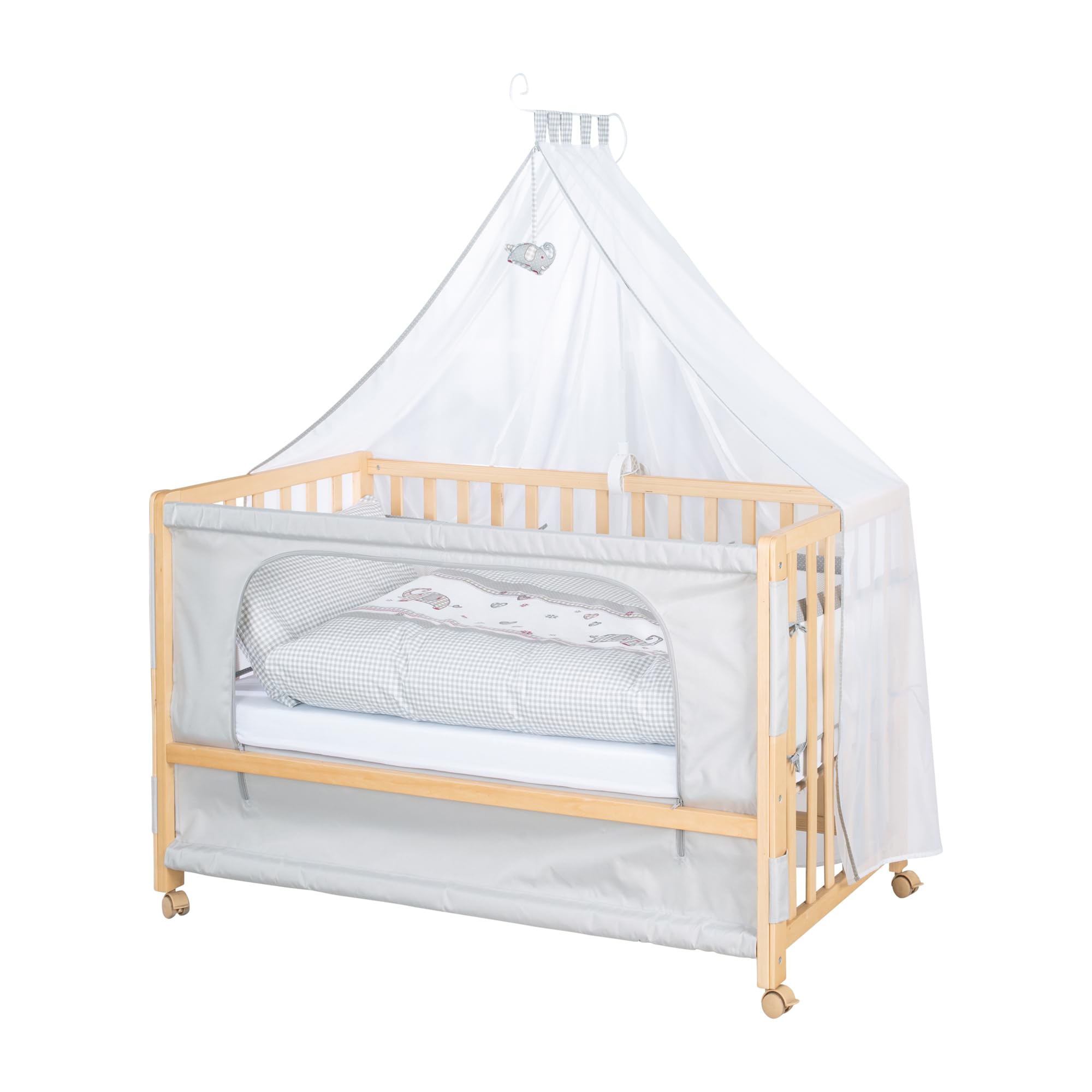 roba Beistellbett 60 x 120 cm - Jumbotwins - Babybett zum Anstellen - Inklusive Matratze, Bettwäsche, Himmel im Elefanten Design - Mobil & Höhenverstellbar - Holz Natur