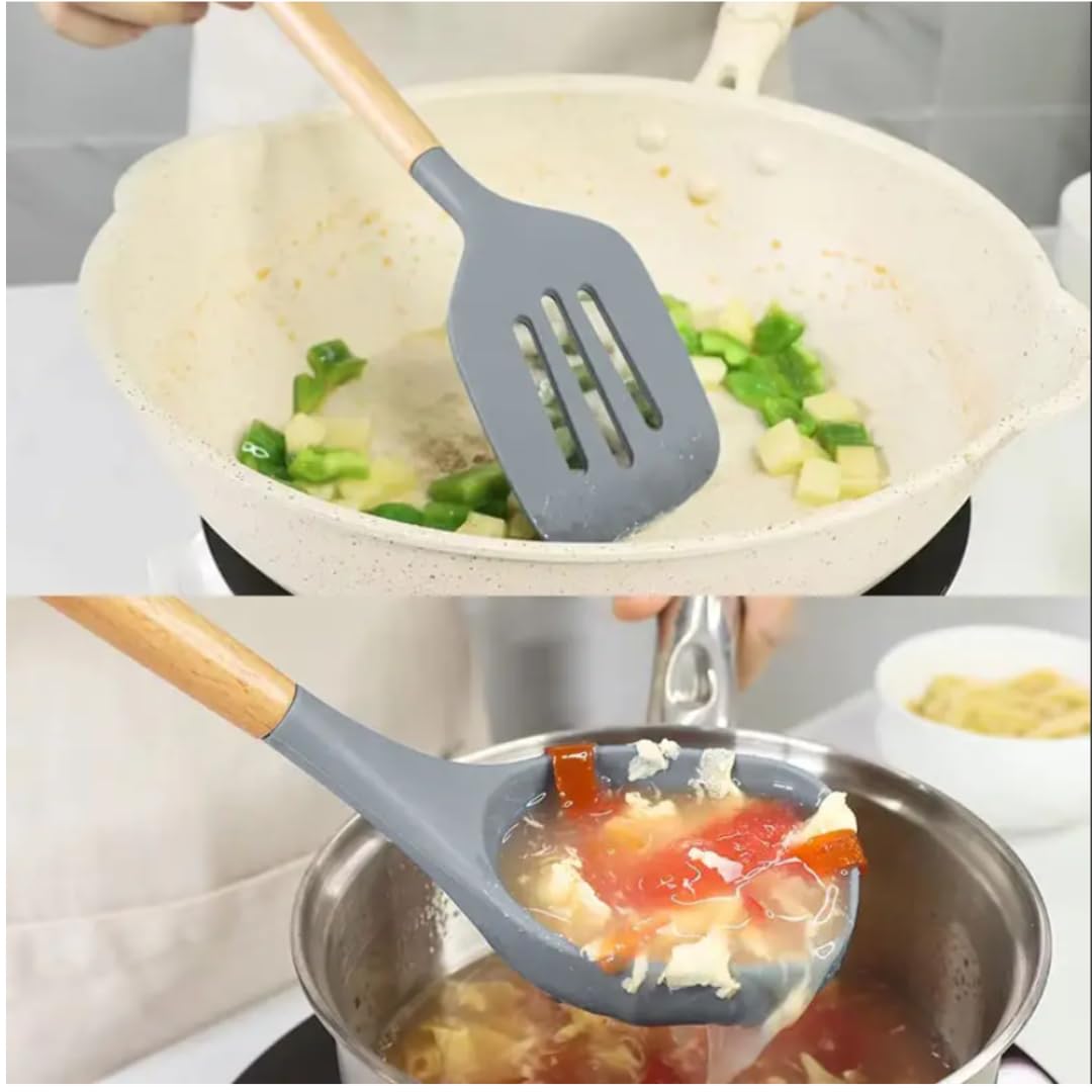 Premium Silikon Küchenhelfer Set - 7-teiliges Kochutensilien mit Akazienholzgriffen und Bambushalter, antihaftbeschichtet, hitzebeständig, BPA-frei, elegantes Küchengeschenk (Grau -7 Stück)