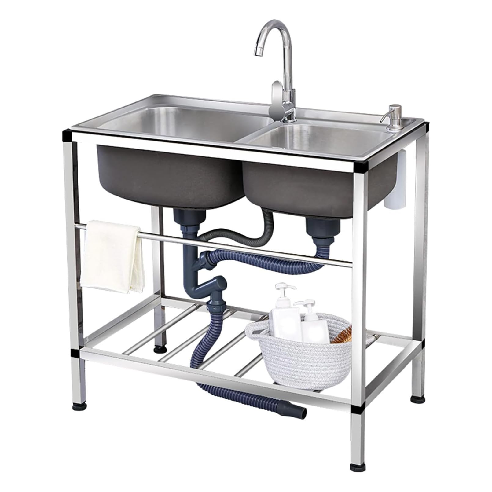 Spülbecken aus Edelstahl 304, 2-Becken-Spülbecken für die gewerbliche Küche, freistehend, mit Doppelbecken, Kalt- und Warmwasserhahn für Landhausküchen