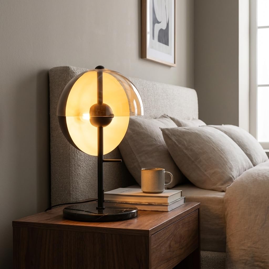 BARCELONA LED Lampa Stołowa UMBRA E27 Nowoczesny Design z Podwójnym Kloszem Czarny Metal i Bursztyn, Lampka Biurkowa z Pośrednim Światłem Bez Oślepiania Styl Industrialny