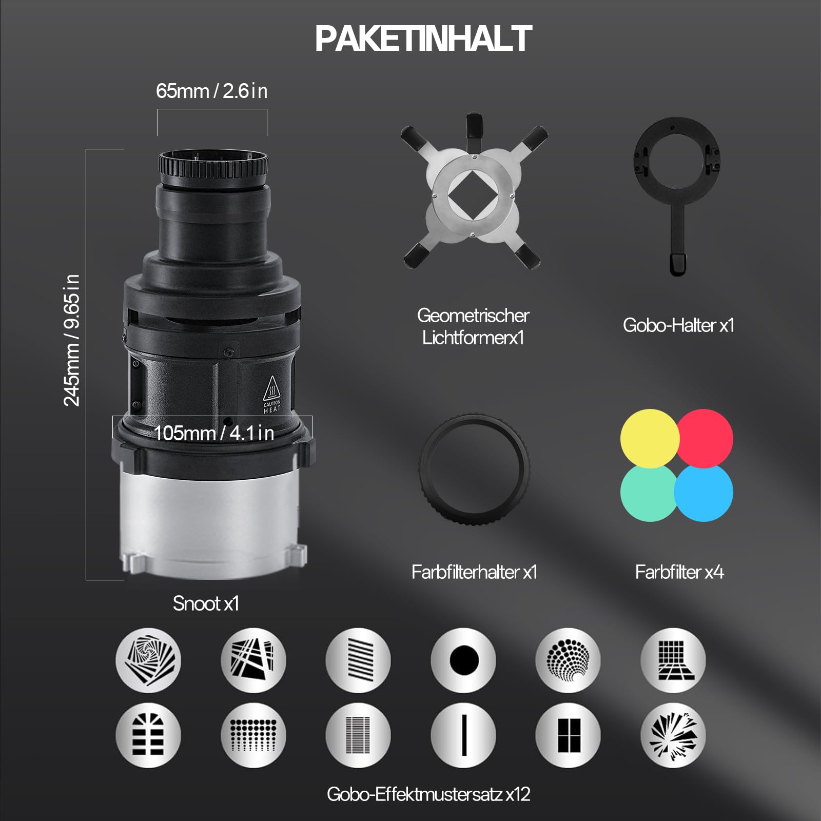 WELLMAKING S-80 Bowens Mount Optischer Konischer Snoot Spotlight Kit – Fokus verstellbar, 38°-Linse, Lichtform änderbar – für Foto/Video, kompatibel mit LED-Lichtern und Blitzgeräten