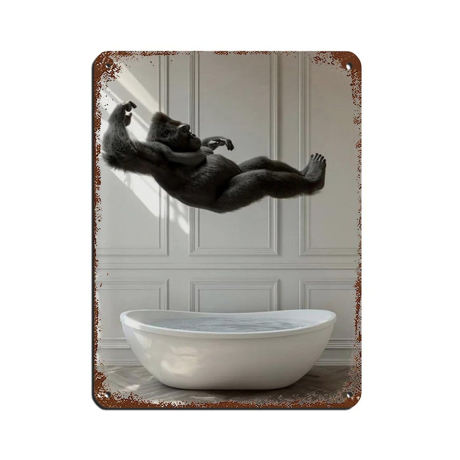 Gorilla Jumping Into Bathtub, Funny Bathroom Art Retro Poster Metal Tin Sign Chic Art Retro Iron Painting Bar People Cave Cafe Family Garage Poster Wall Decoration 12x16inch(30x40cm)