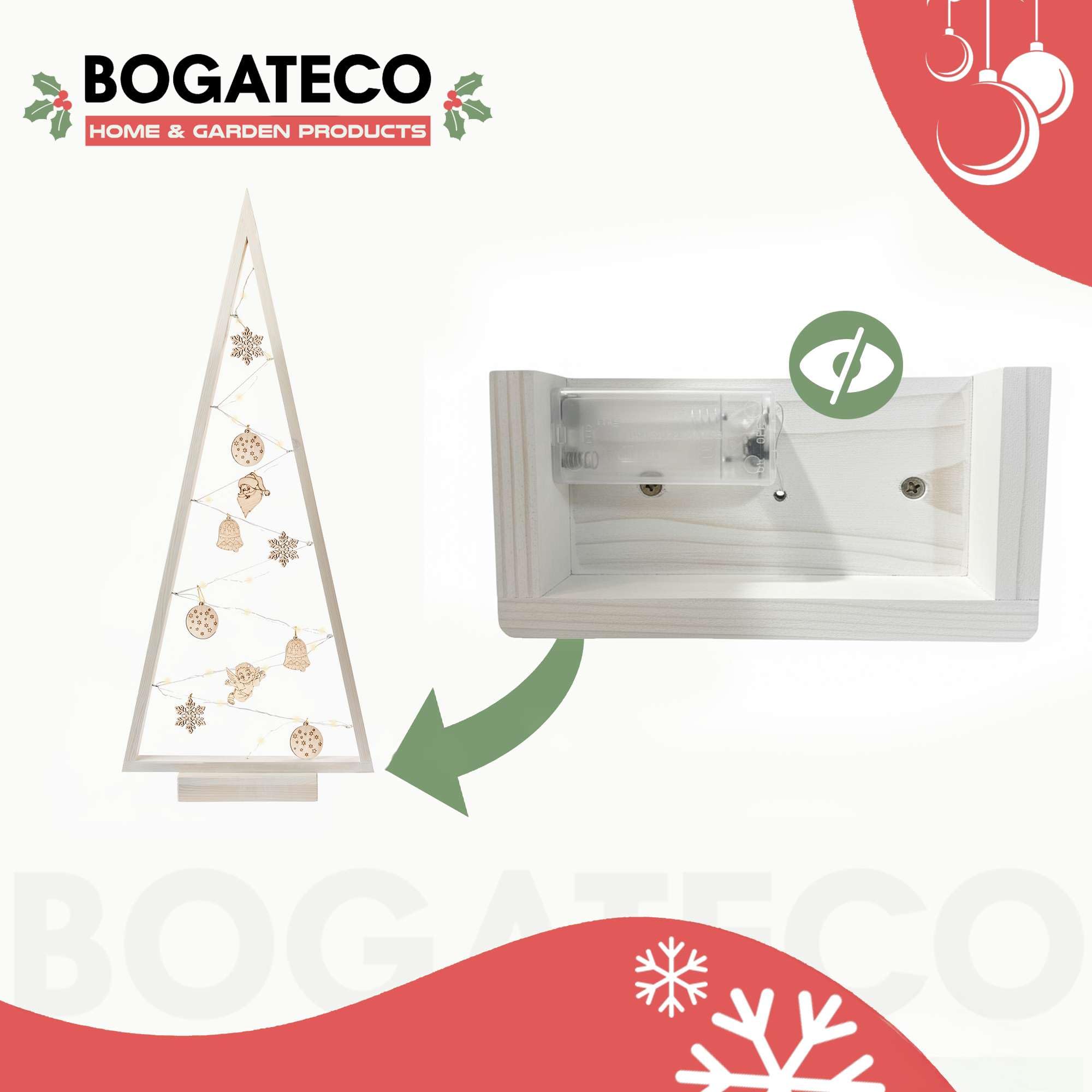 BOGATECO Albero di Natale in legno con illuminazione LED 104 cm di altezza | Decorazione in legno inclusa | Decorazioni natalizie | 30 LED |