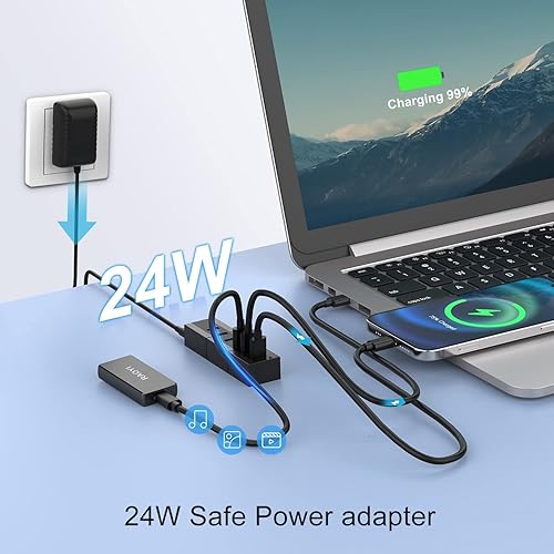 Miniatura 5 de Concentrador USB 3.0 alimentado, RAOYI 6 puertos USB 3.0 de alta velocidad con adaptador de corriente de 24 W, cable de 3.3 pies y cargador rápido