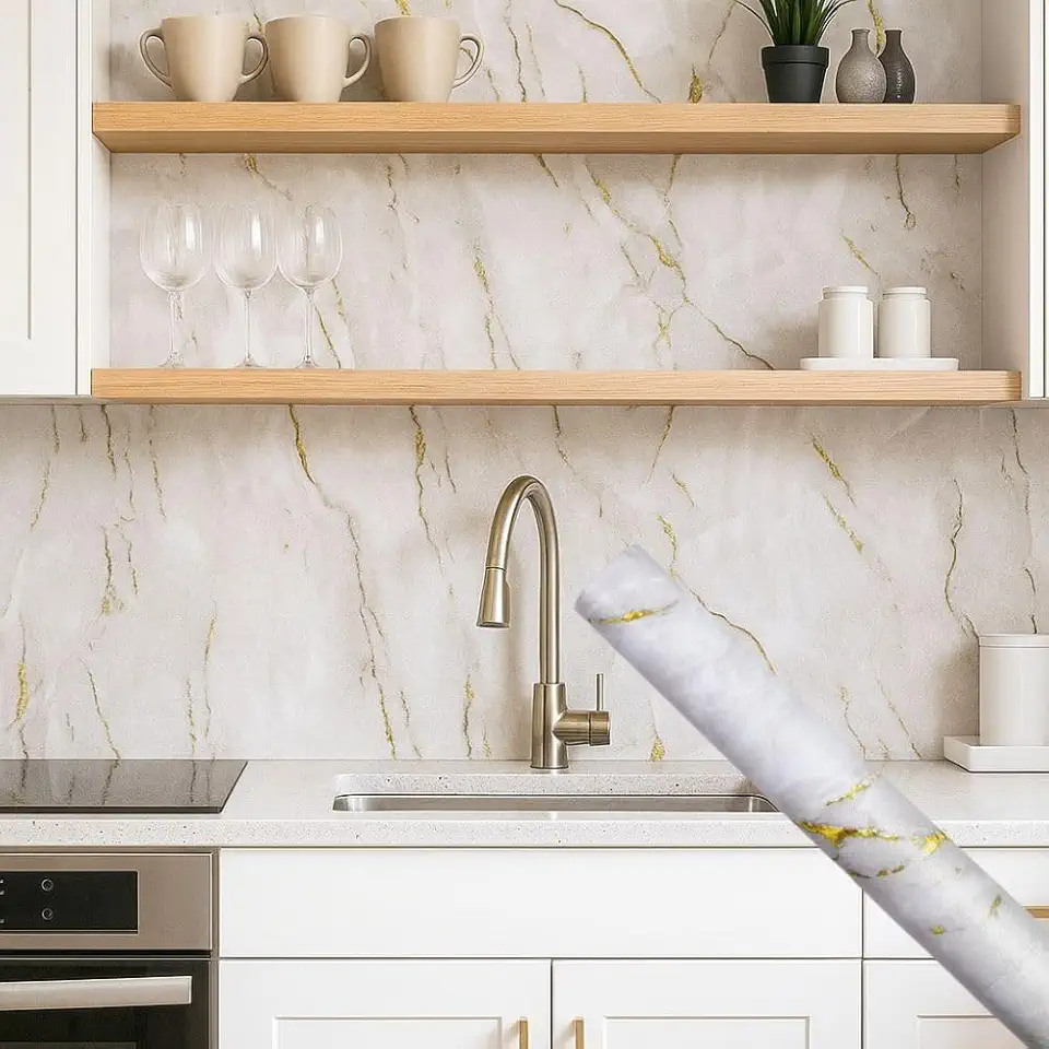 Papel de Parede Premium Mármore Texturizado 5 metros = 1 Rolo de 5m X 45cm Autoadesivo Sala, Cozinha, Banheiro