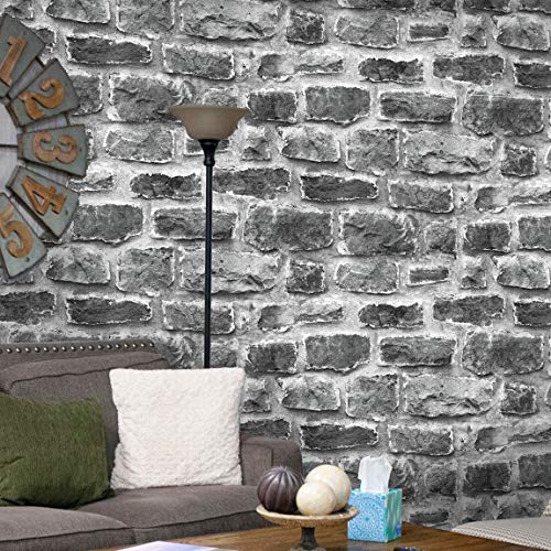 JZ·HOME 7036 Cement Brick Wallpaper Rolls,Gray/White Vintage Faux Brick Wallpaper Bedroom Living Room Bar Wall Decoration 393.7in×20.8in