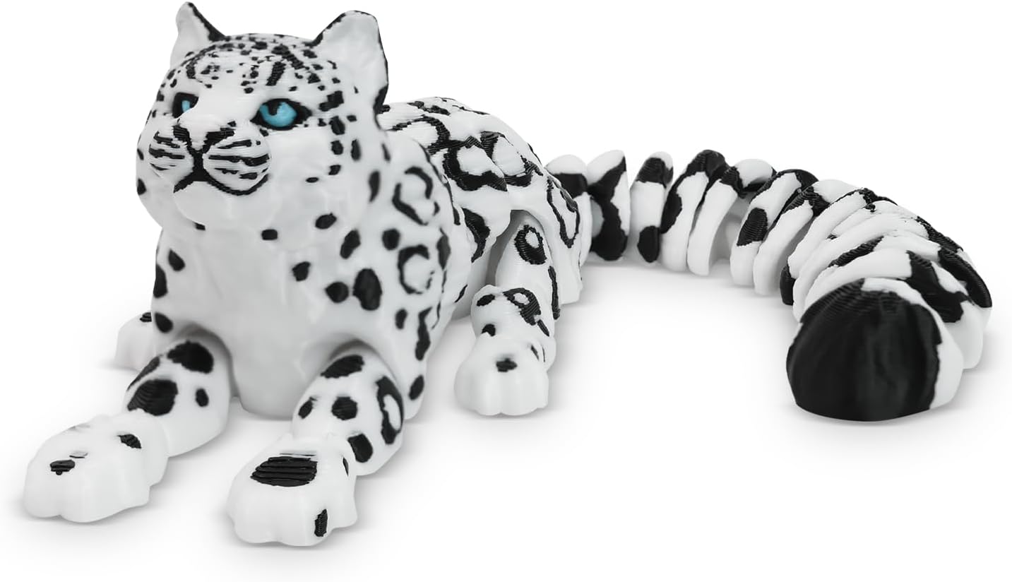 3D Printed Animals Toy, 8in Snow Leopard Fidget Animal for Desk Décor(Black White)
