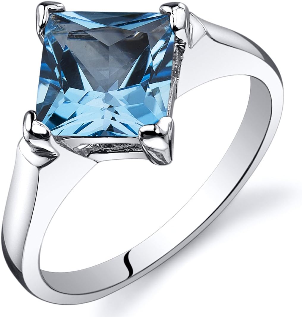 PEORA Swiss Blue Topaz Engagement Ring for Women 925 Sterling Silver, Classic Solitaire, Natural Gemstone, 2 Carats Princess Cut 7mm, Sizes 5 to 9