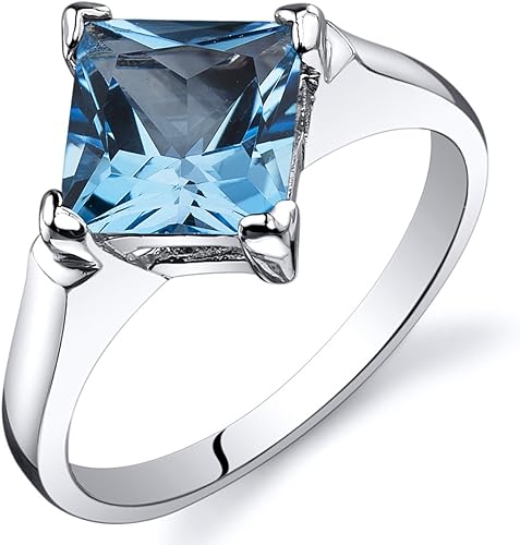 PEORA Anillo de compromiso con topacio azul suizo para mujer, plata de ley 925, solitario clásico, piedra preciosa natural, 2 quilates, corte