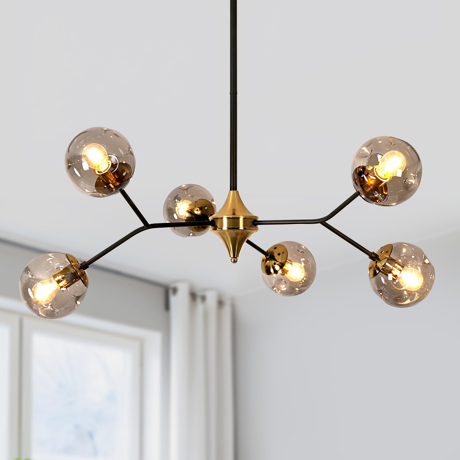 6 Light Sputnik Chandelier, Black Gold Mid Century Modern Pendant Light Chandelier with Glass Globes Lampshade, High Ceiling Light Fixture for Dining Room, Foyer, Living Room, Kitchen