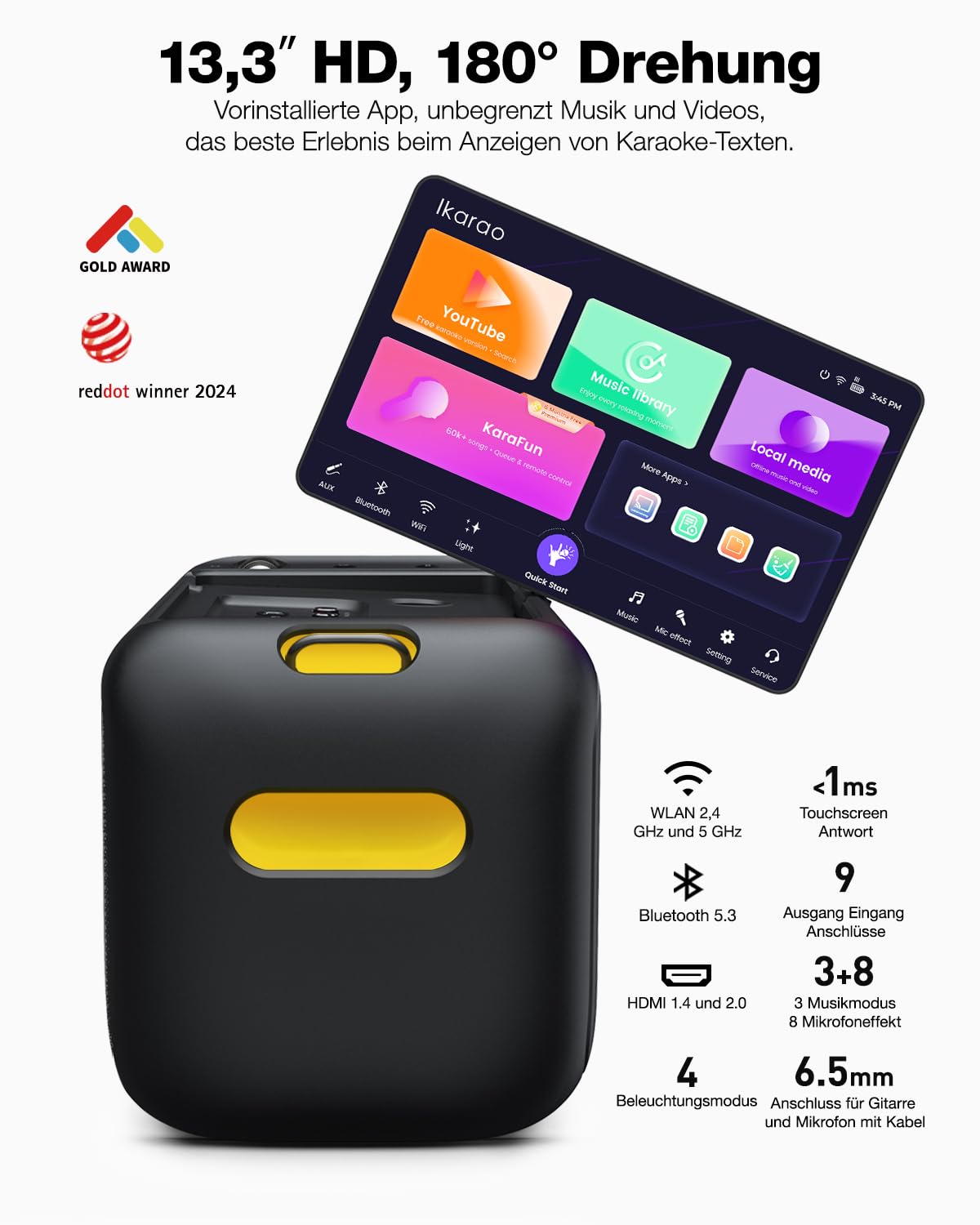 Karaoke-Maschine für Erwachsene mit Textanzeige, eingebautem 13,3"-Bildschirm, echte All-in-One-Karaoke-Maschine mit 2 kabellosen Mikrofonen, 800W Bluetooth-Lautsprecher für Party, TV.