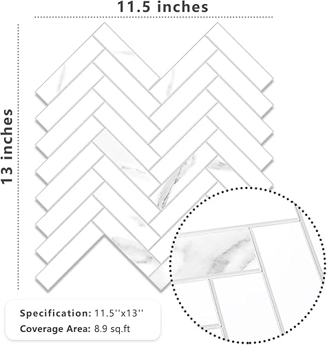 Miniatura 5 de Vamos Tile Azulejo autoadhesivo Statuario de PVC blanco para despegar y pegar, 10 hojas de azulejos autoadhesivos de PVC blanco para cocina, baño y