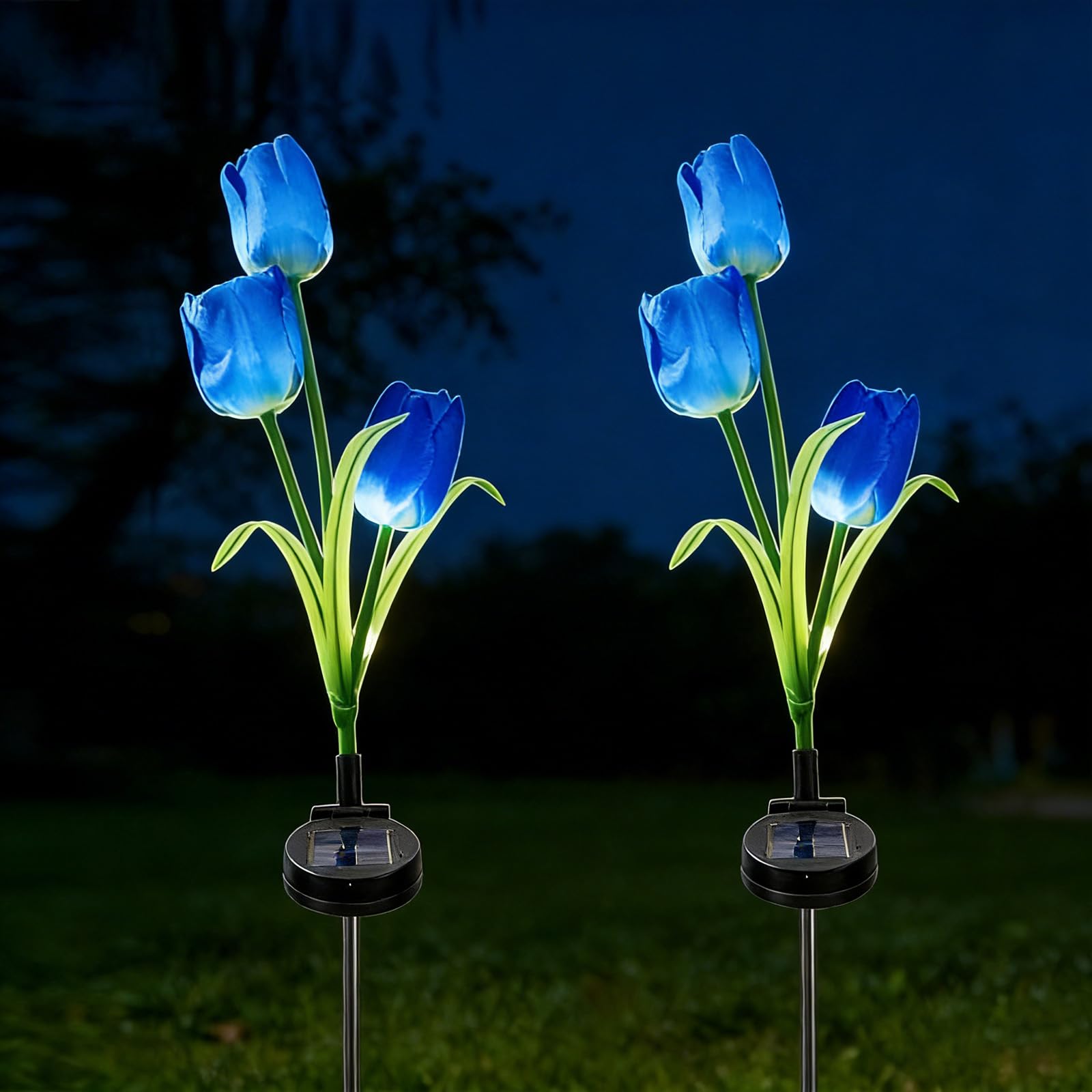 AVEKI Solar Garden Lights Outdoor, 2 Pack Solar Power Tulip Stake Lights, Outside Waterproof Artificial Flowers Lamp for Yard Patio Lawn Pathway Walkway Landscape Decor (Blue)