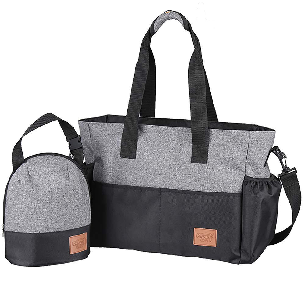 Stylish Diaper Bag Organizer for Moms, Plus Baby Tote Insulated Bottle Sack (Heather Grey + Black)