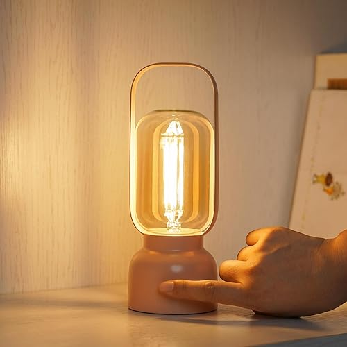 Artin-X Lámpara de mesa pequeña inalámbrica con bombilla Edison retro de imitación, lámpara táctil con puerto de carga USB, luz nocturna regulable