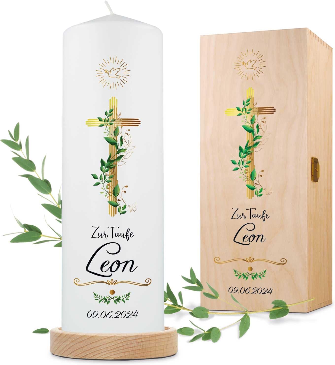 GRAVURZEILE Gold Cross Printed Candle, Ideal as Christening Gift, Personalised for Girls and Boys, 250/80 mm, Ideal as Christening Gift