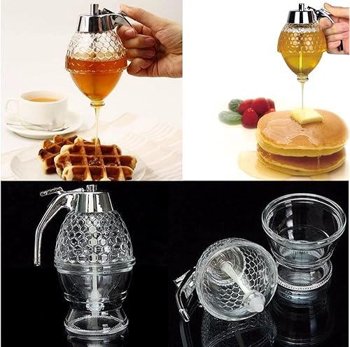 Miniatura 4 de Dispensador de miel acrílico, tarro de miel con soporte, dispensador de miel sin goteo, 8 onzas, fácil funciona, ideal para jarabe, azúcar, salsas,