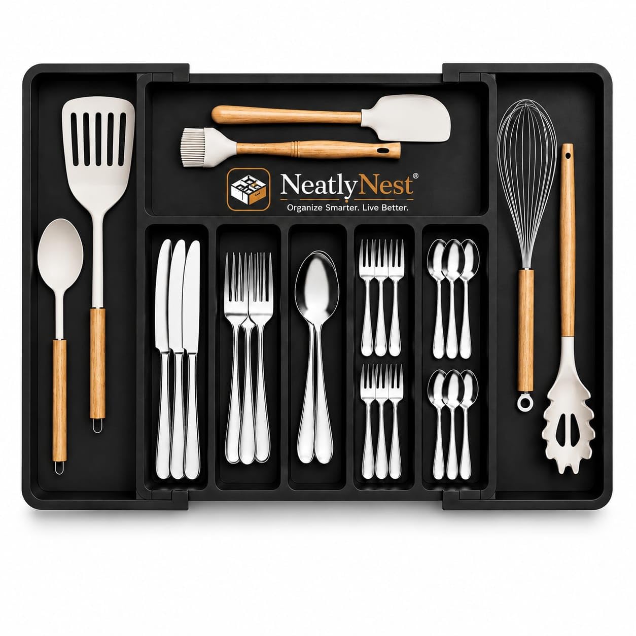 Expandable Drawer Organizer Utensil Tray for Kitchen | Adjustable Cutlery & Flatware Holder for Spoons, Forks, Knives | Plastic Storage Tray for Kitchen Organization-image-33