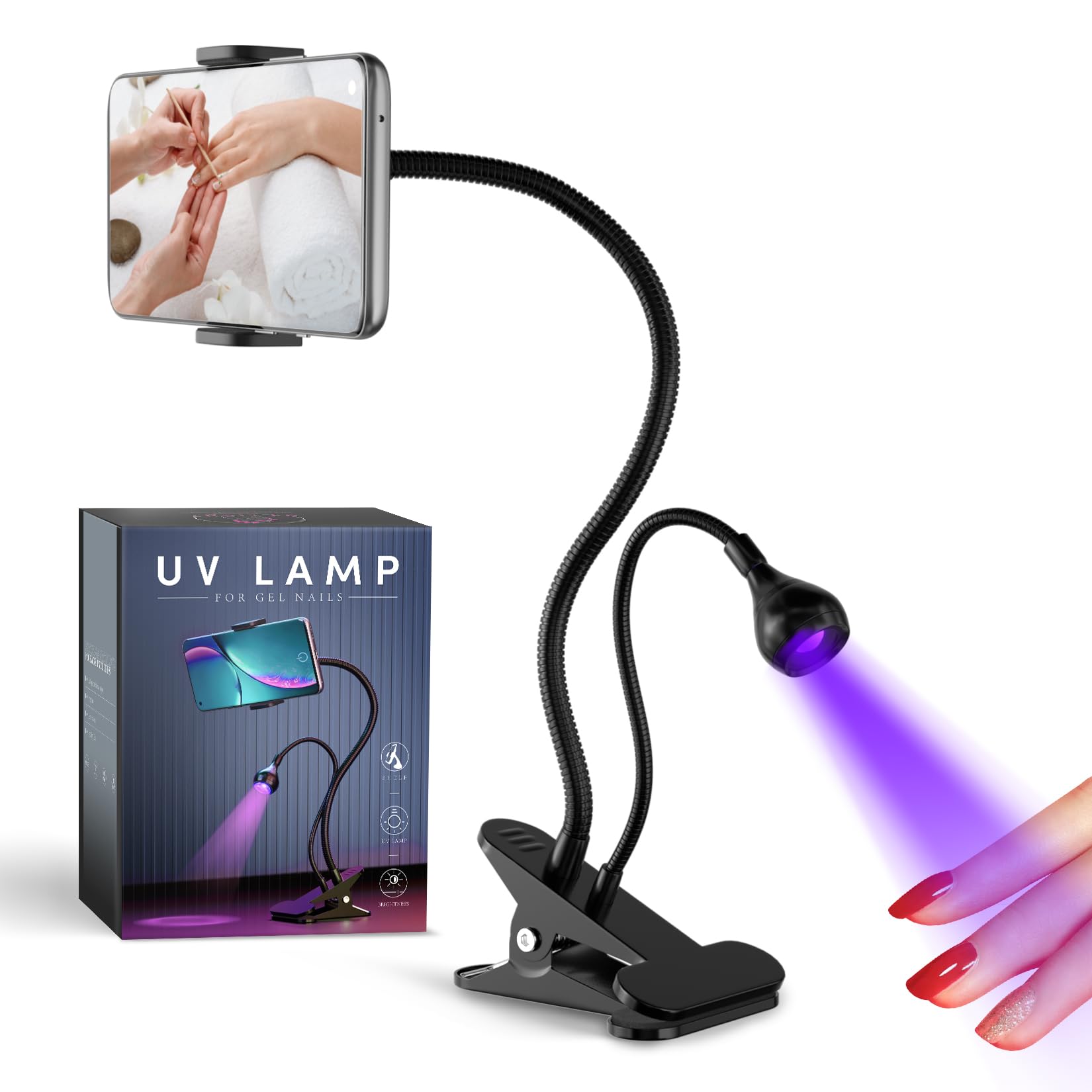 Bdjso Gooseneck UV Lamp for Nails - UV Nail Lamp for Gel Polish,4 Gears LED Nail Light with Phone Holder 5W USB Flash Cure Lamp for Gel Nails Professional Nail Dryer for Home Nail Salon(Black-H)