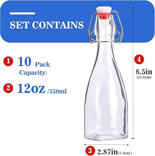 Miniatura 5 de Botella de vidrio transparente con tapa abatible para tapas herméticas, paquete de 10 botellas de cerveza de 12 onzas con tapas abatibles, kombucha