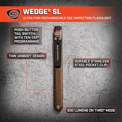 Image of Streamlight 88841 Wedge SL 500-Lumen Flashlight, Coyote | 100 lumens; 300 candela peak beam; runs up to 1.75 hours; USB rechargeable capable; IPX4 aluminum construction; pocket clip