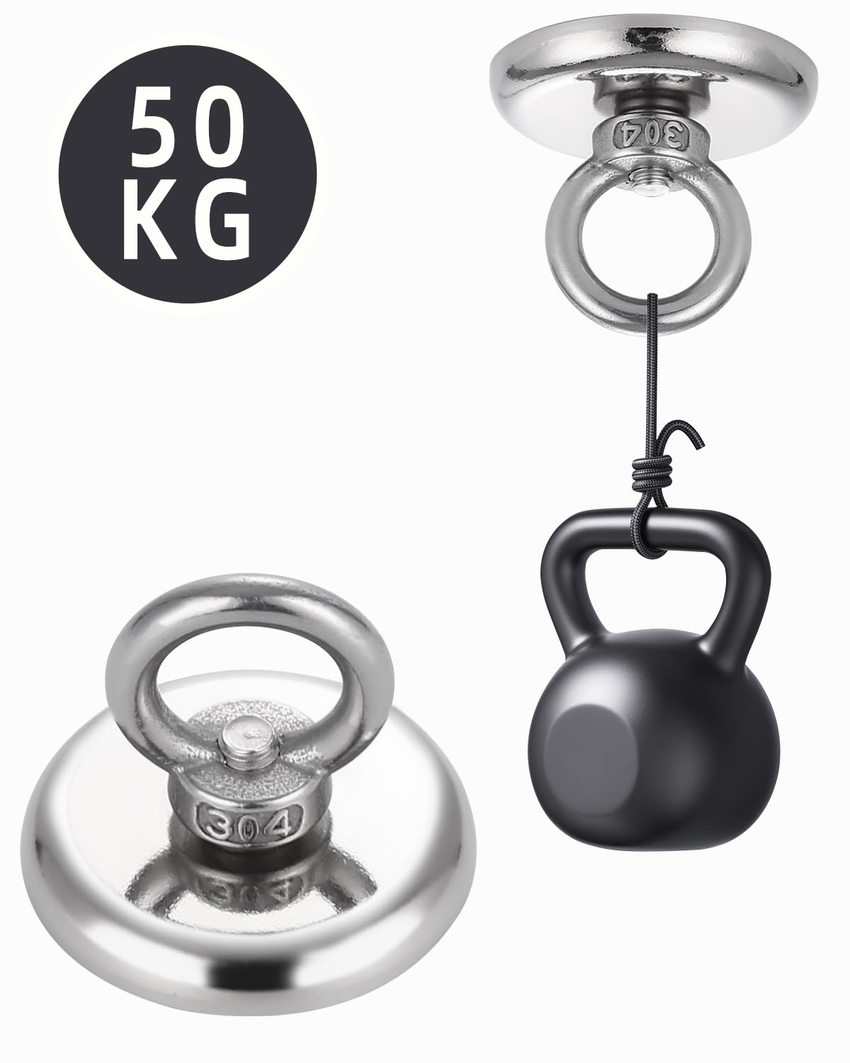 Imán de neodimio 50kg 42mm con perno de ojo de elevación para pesca magnética, 4 piezas