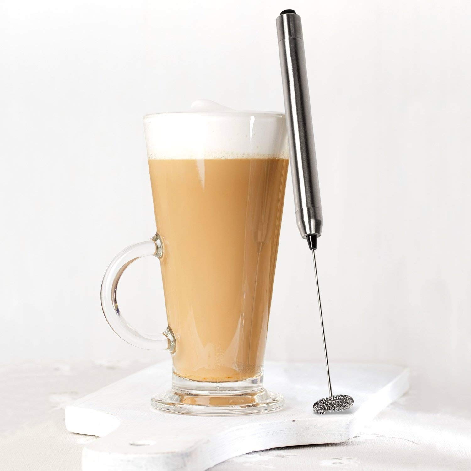 RayLineDo® Stainless Steel Electric Milk Frother Coffee Foam Maker Whisk Battery Operated With Mounting Bracket + 2 Sets Cappuccino Coffee Stencils Template Strew Flowers Pad Duster Spray Art