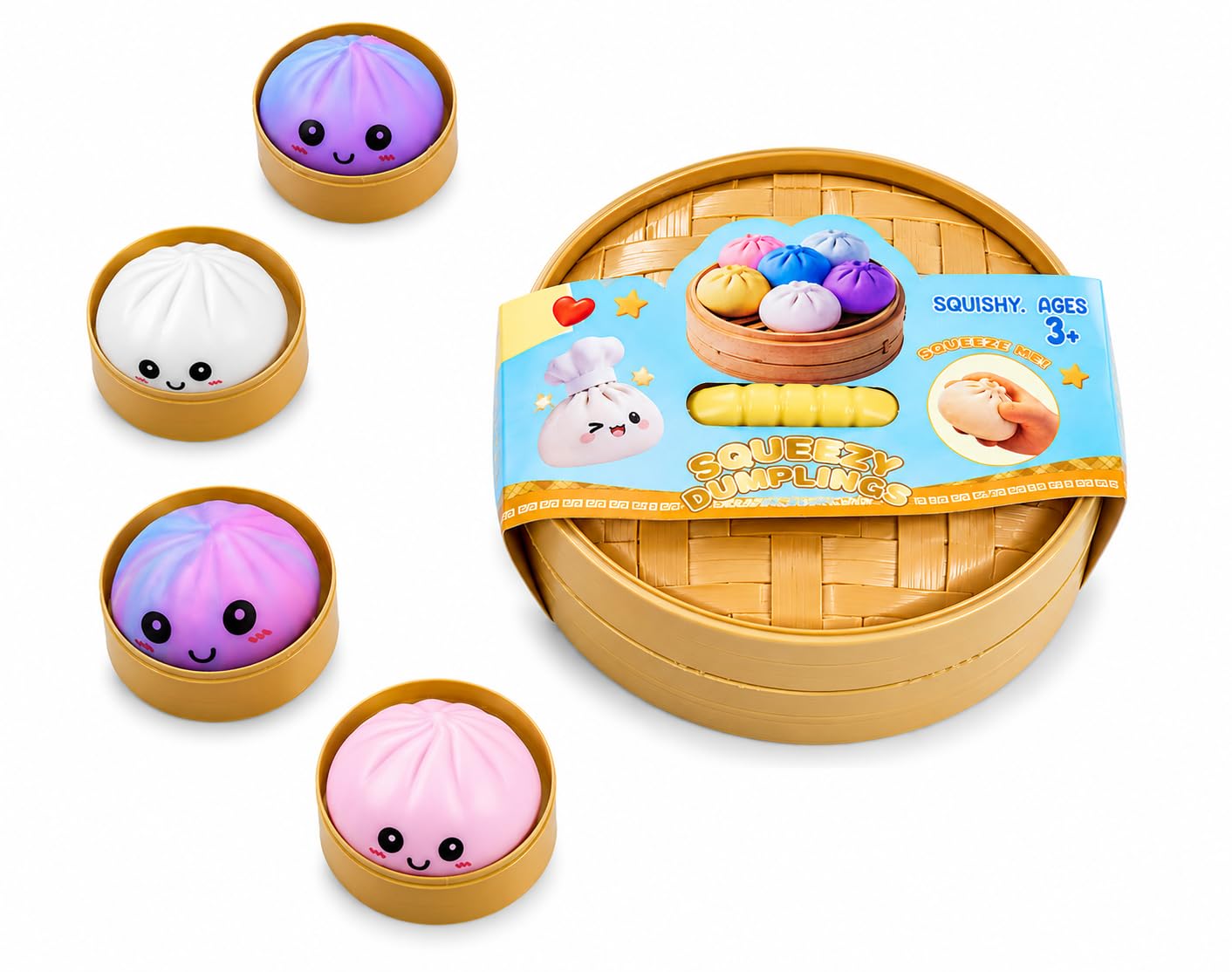 OIFIKAA Dumpling Squishy Toy, 4 PCS Dumplings Stress Relief Sensory Fidget Toy, Squishy Dumpling Toy with Steamer, Stress & Anxiety Relief Sensory Toy for Adults & Boys and Girls