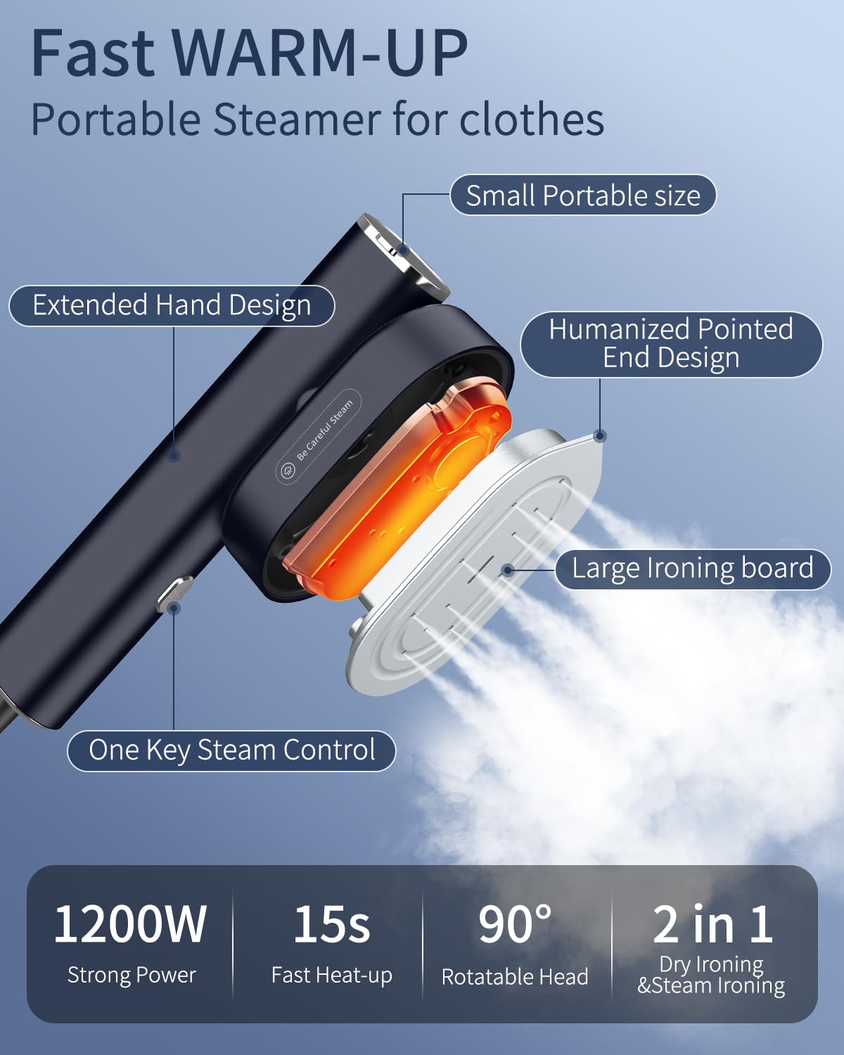 Vaporizzatore portatile portatile per indumenti da viaggio, 1200 W, mini ferro da stiro a vapore 2 in 1, piccolo vaporizzatore per vestiti a vapore, nero